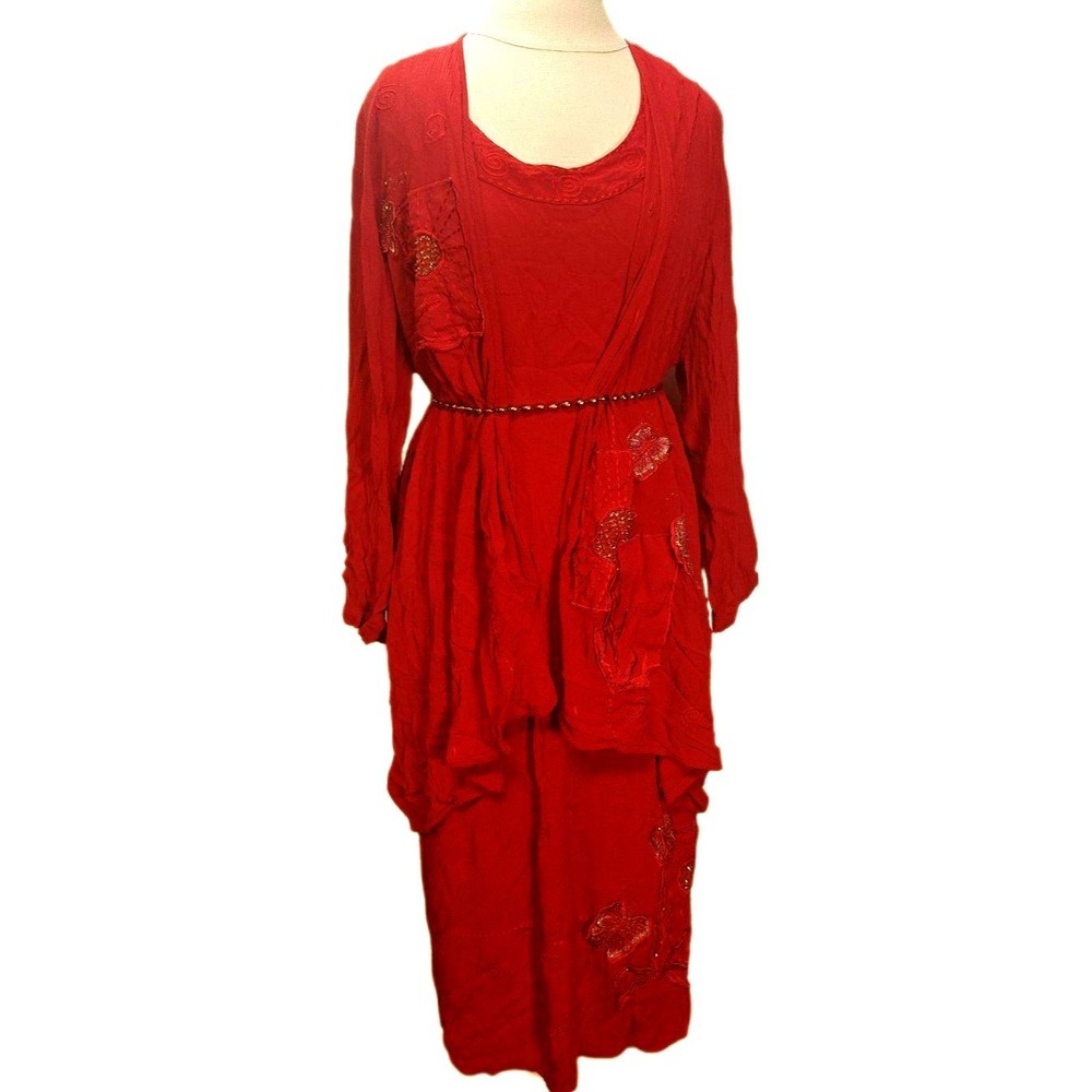 Vintage Red Rayon Dress with Matching Jacket Beaded Butterflies Boho Island Wear